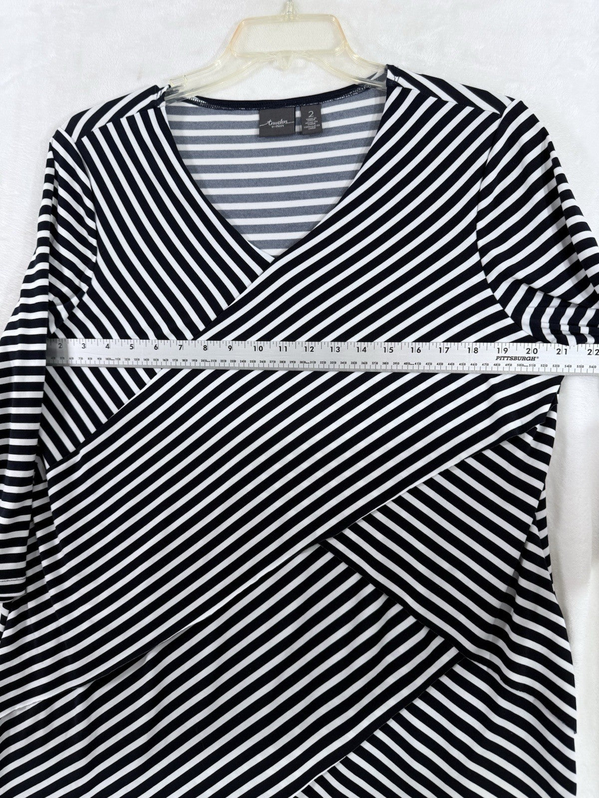 Chicos Travelers Tops Size 2 Large Navy Blue Striped Asymmetrical  3/4 Sleeve