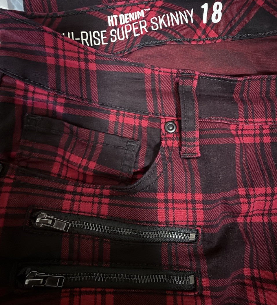 Hot Topic Black And Red Plaid Jeans HT Denim Pants Zippers Hi Rise Super Skinny