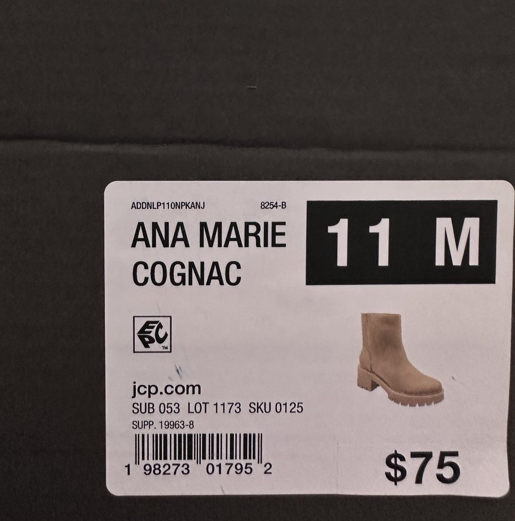 ANA Block Heel Booties 12 Womens Marie Cognac Brown Faux Suede Thick Sole Boots
