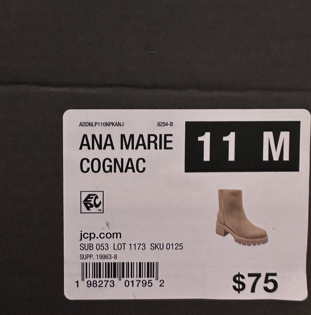 ANA Block Heel Booties 12 Womens Marie Cognac Brown Faux Suede Thick Sole Boots