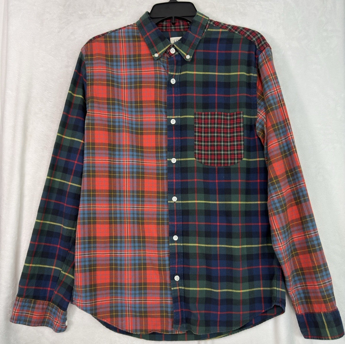 J Crew Flannel Shirt Medium Men’s Red Blue Green Plaid Patchwork Button Down