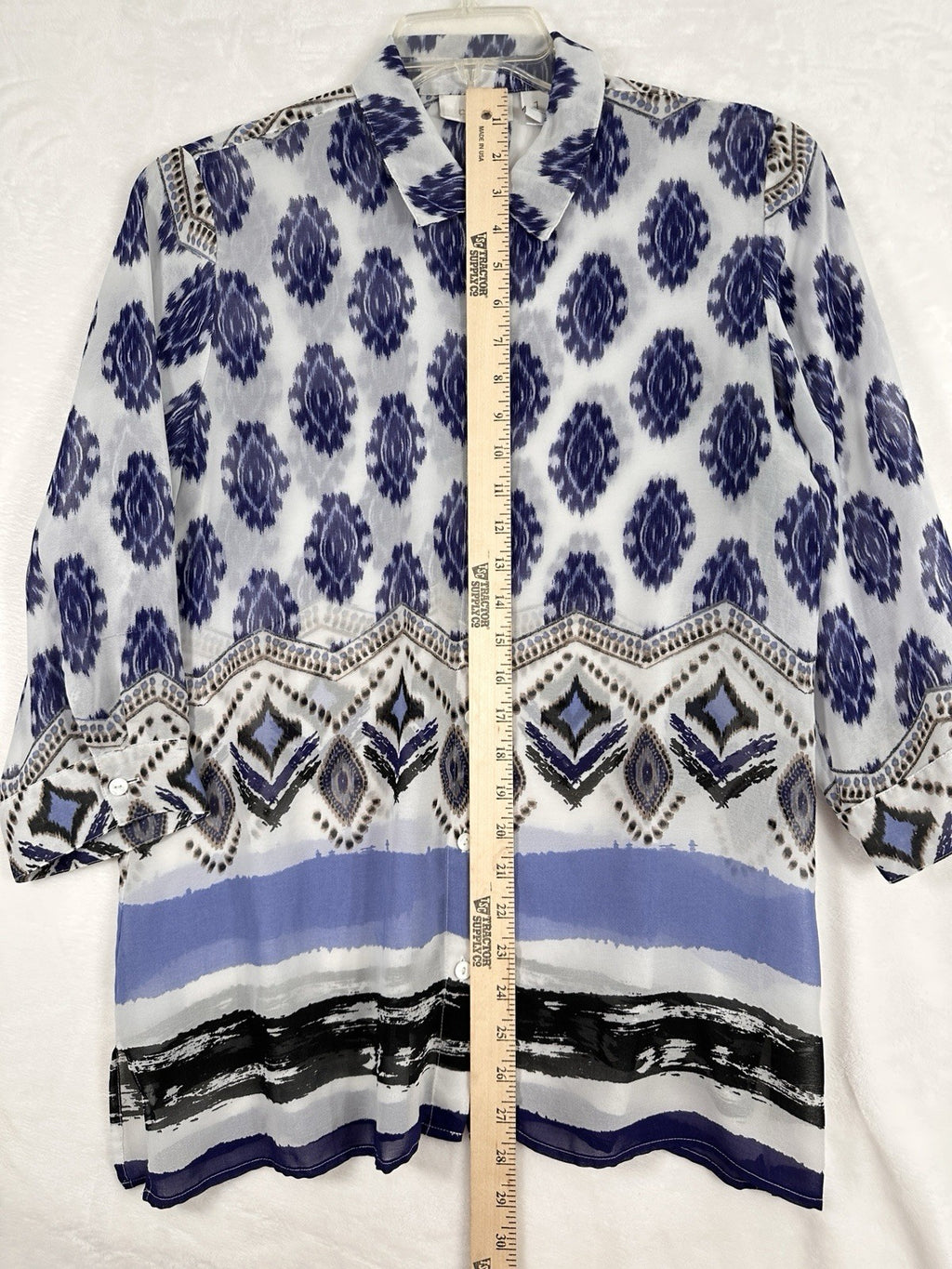 Chicos Size 1 Tops 3/4 Sleeve Tunic Blouse Medium Womens Lightweight Blue White