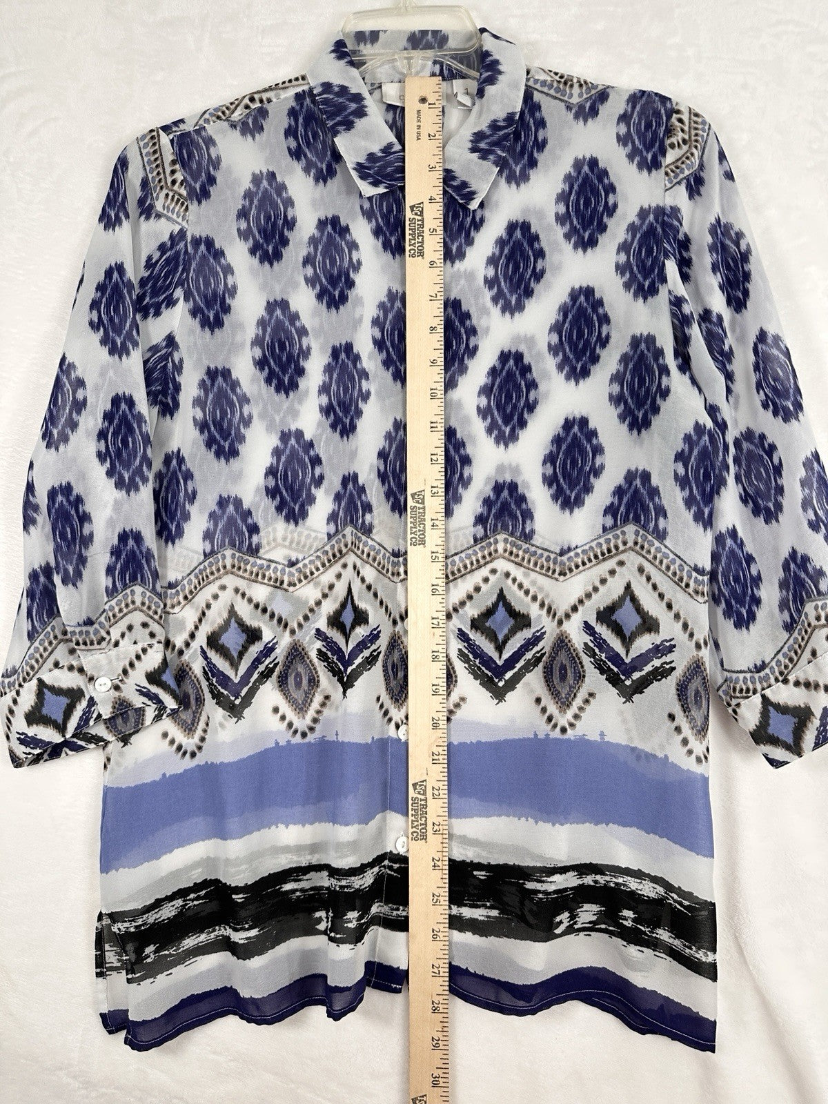 Chicos Size 1 Tops 3/4 Sleeve Tunic Blouse Medium Womens Lightweight Blue White