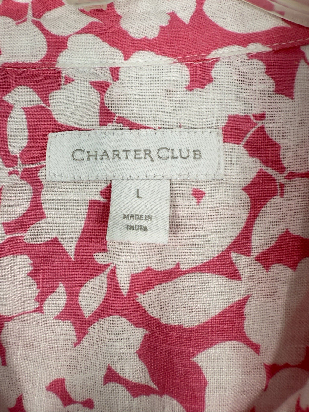 Charter Club Top Large 100% Linen Pink Floral Roll Tab Sleeve Womens Button Up