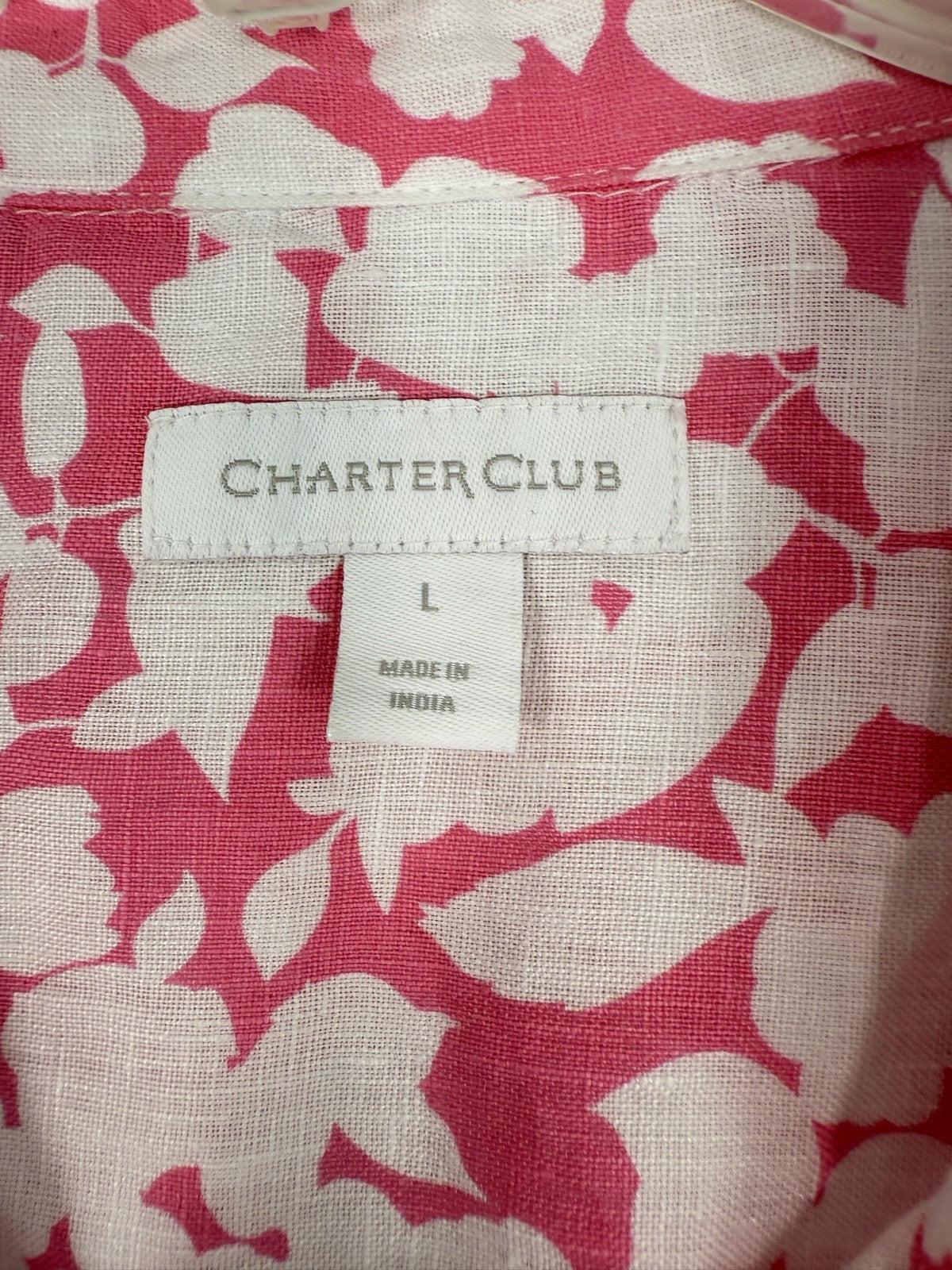 Charter Club Top Large 100% Linen Pink Floral Roll Tab Sleeve Womens Button Up