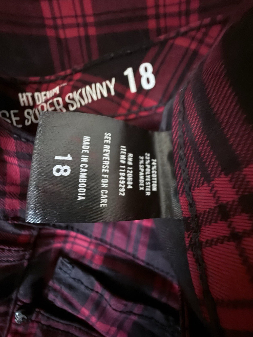Hot Topic Black And Red Plaid Jeans HT Denim Pants Zippers Hi Rise Super Skinny