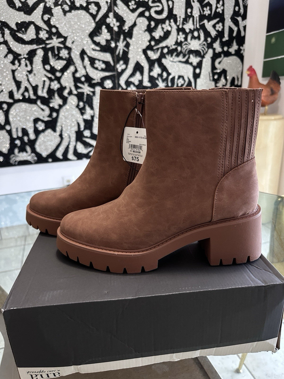 ANA Block Heel Booties 12 Womens Marie Cognac Brown Faux Suede Thick Sole Boots