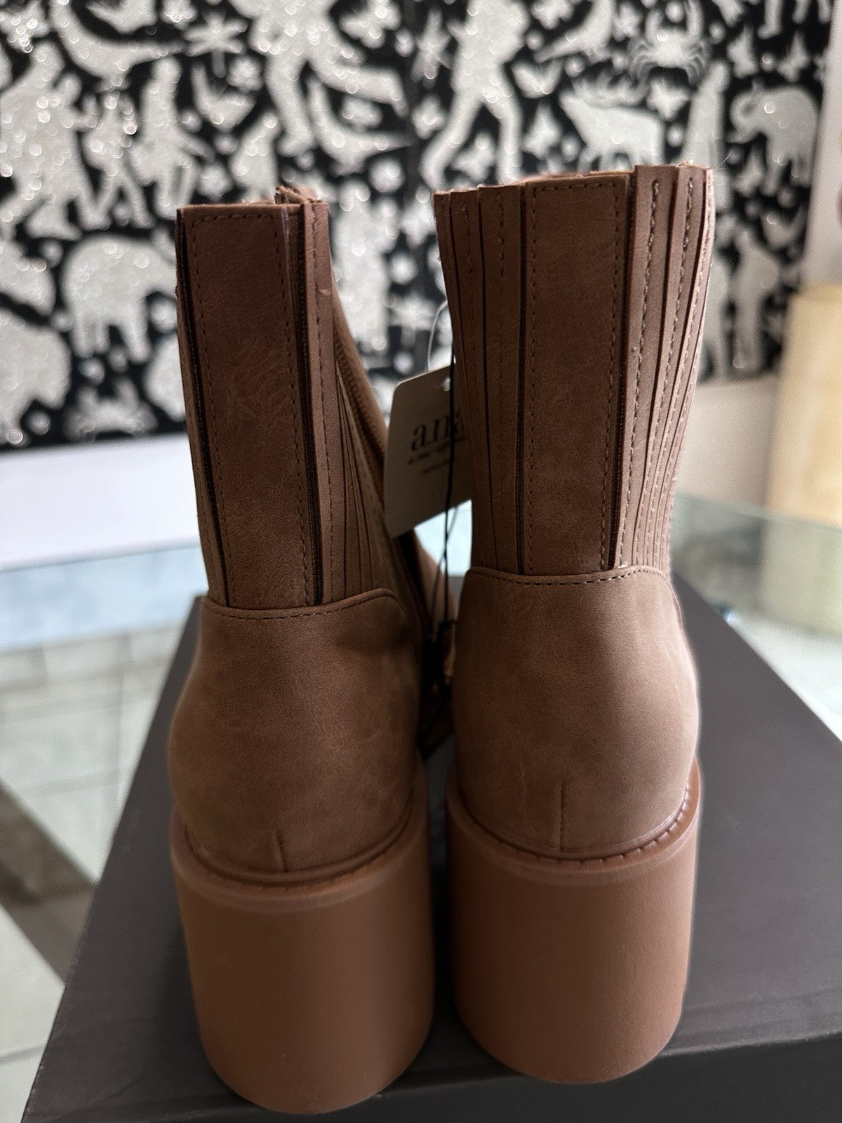 ANA Block Heel Booties 12 Womens Marie Cognac Brown Faux Suede Thick Sole Boots