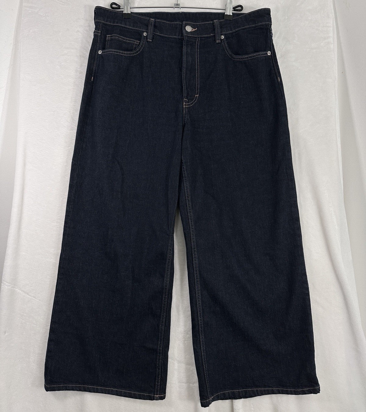 HM Jeans Womens Wide Leg Cropped Size 14 Dark Blue High Waist Regular Fit H&M