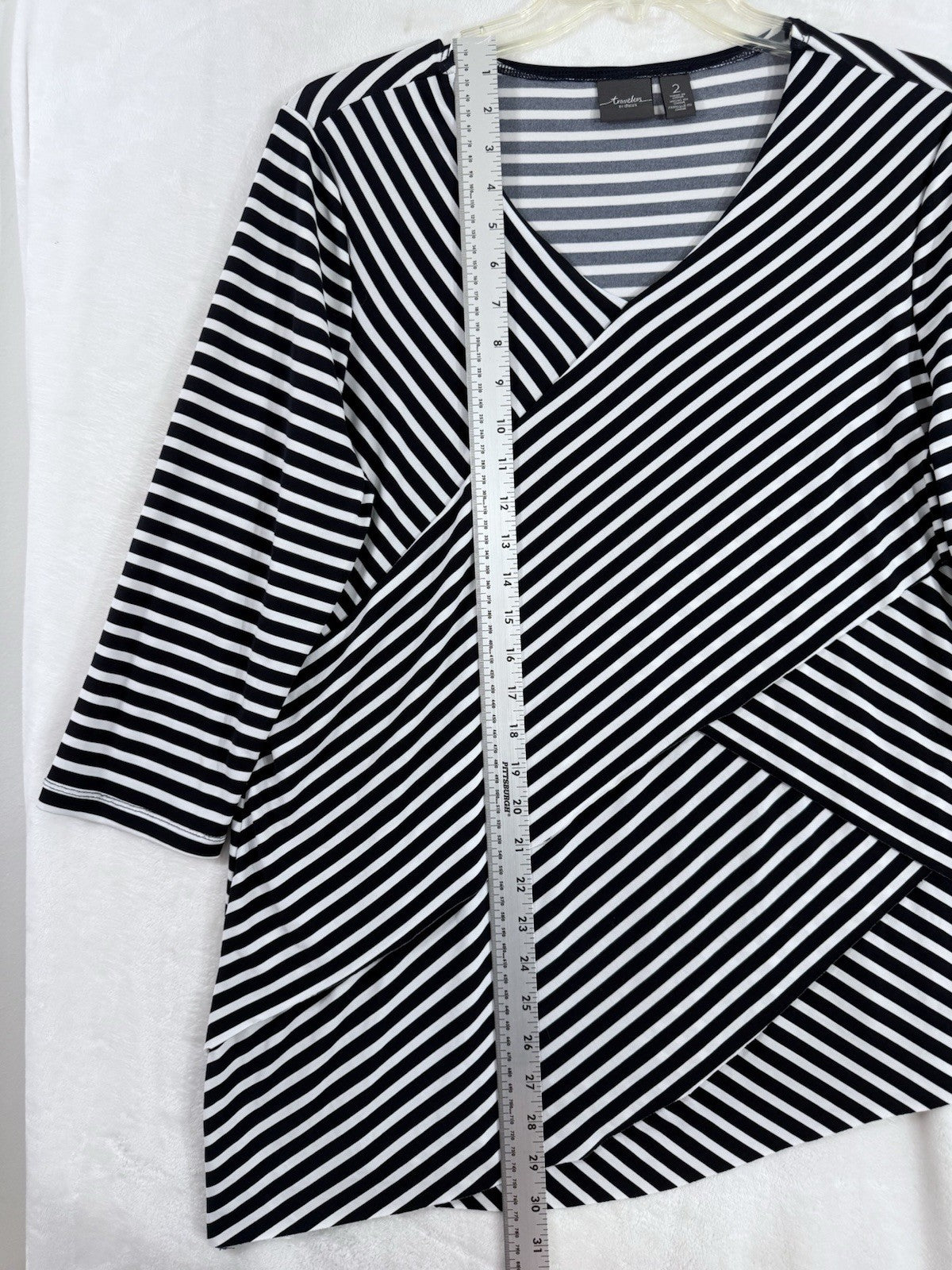 Chicos Travelers Tops Size 2 Large Navy Blue Striped Asymmetrical  3/4 Sleeve