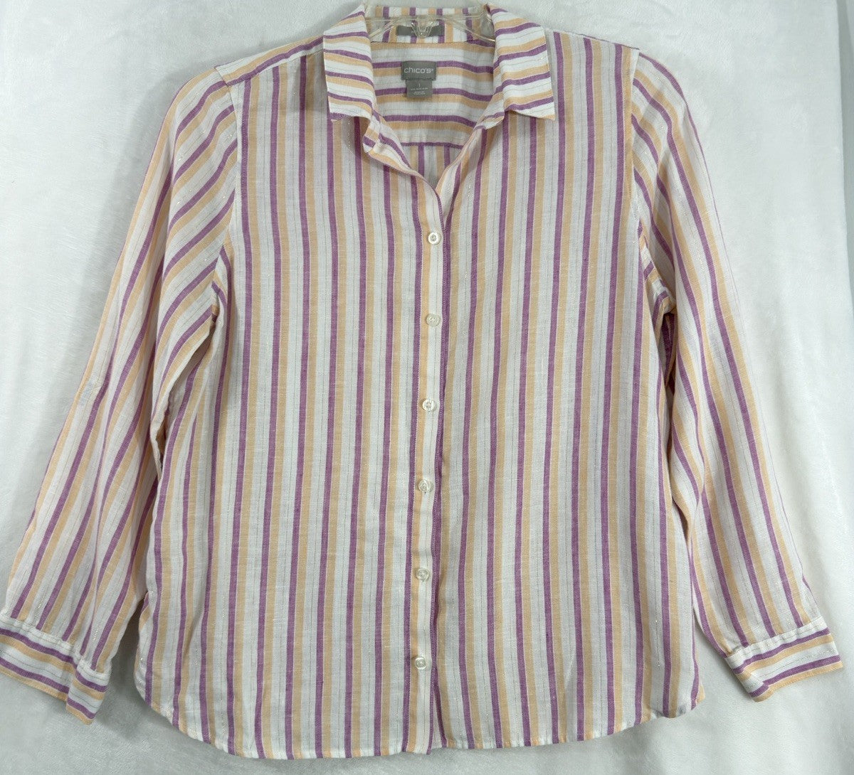 Chicos Size 1 Medium Linen Button Up Pink Striped Metallic Roll Tab Sleeve Women
