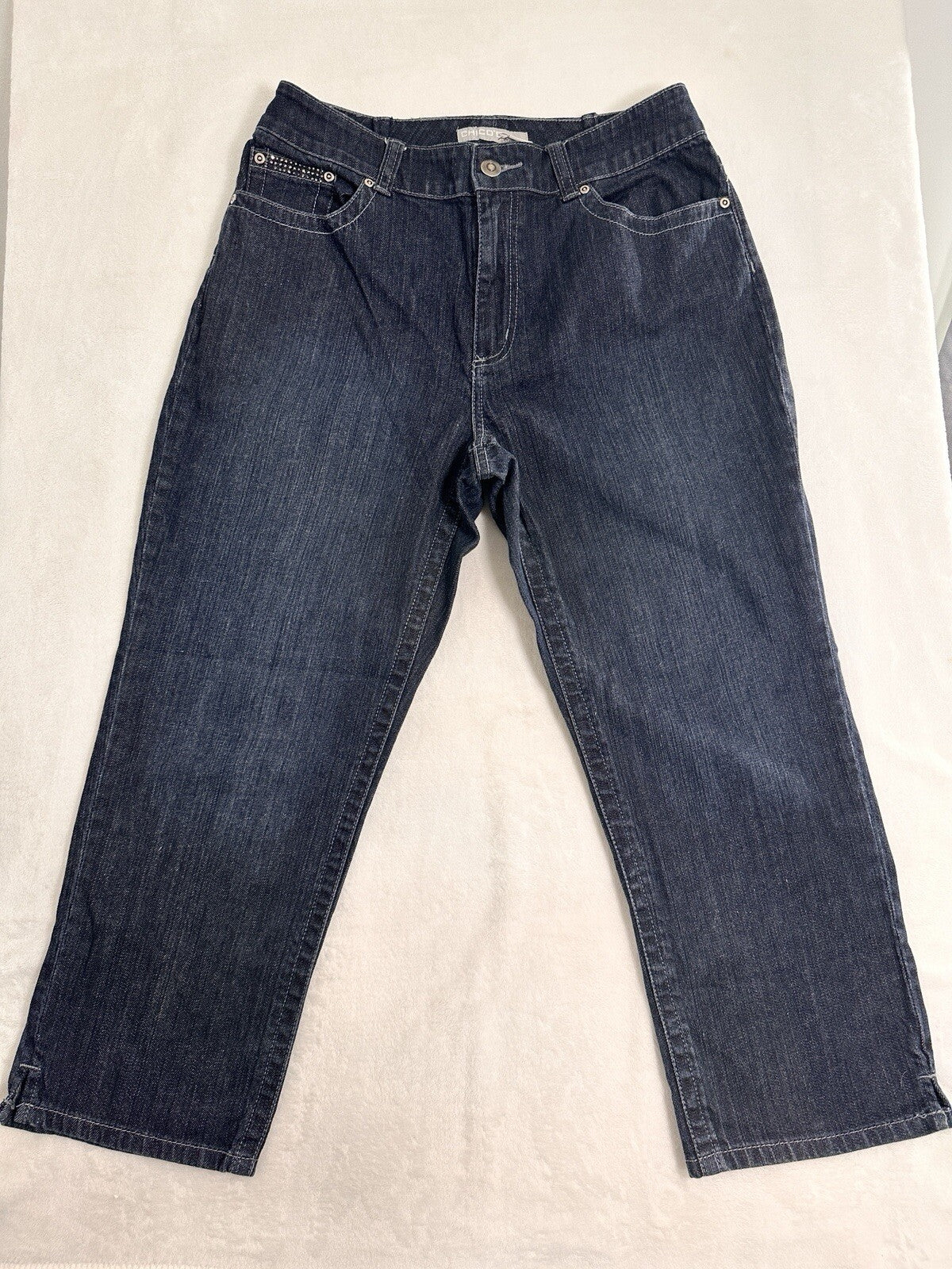 Chicos Size 2 Platinum Jeans Crop Dark Blue Rhinestones Embellished Womens 12