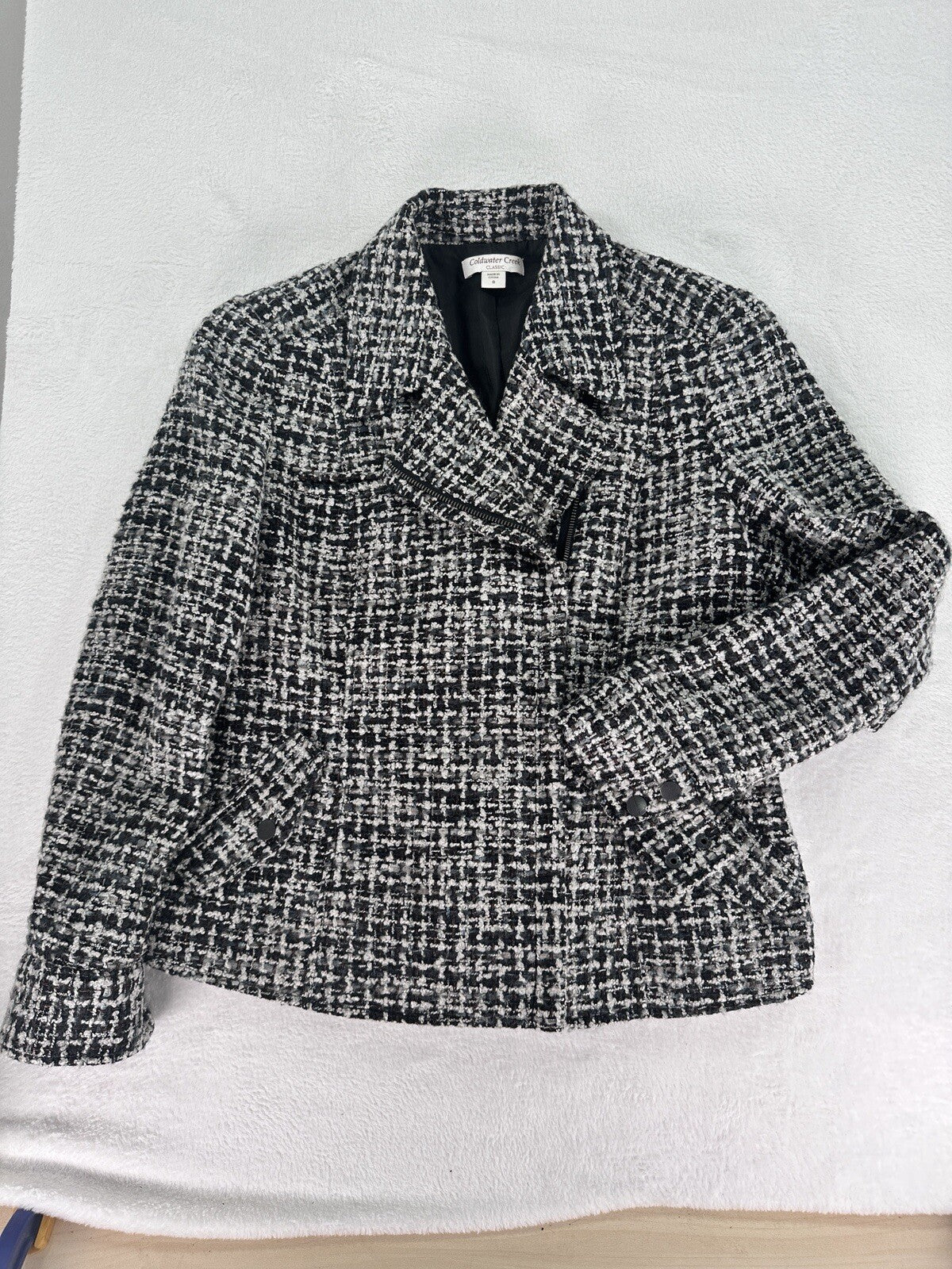 Coldwater Creek Mohair Wool Blend Moto Jacket 8 Black Gray Tweed Blazer Womens