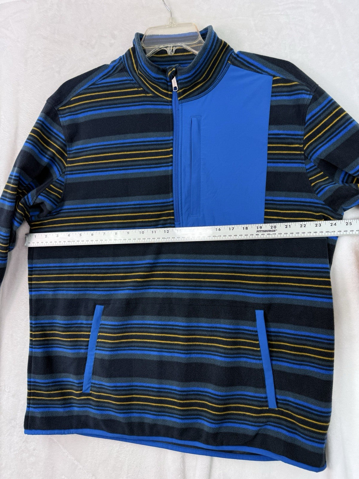 Duluth Trading Large Men’s Fleece 1/4 Zip Pullover Blue Striped Mock Neck