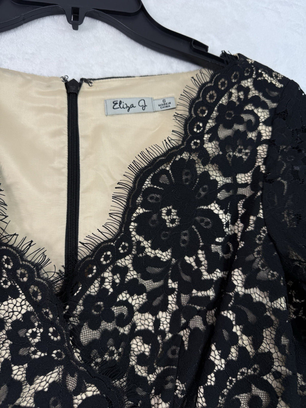 Eliza J Dress 6 Black Fit Flare Cocktail Above Knee Short Lace 3:4 Sleeve Womens