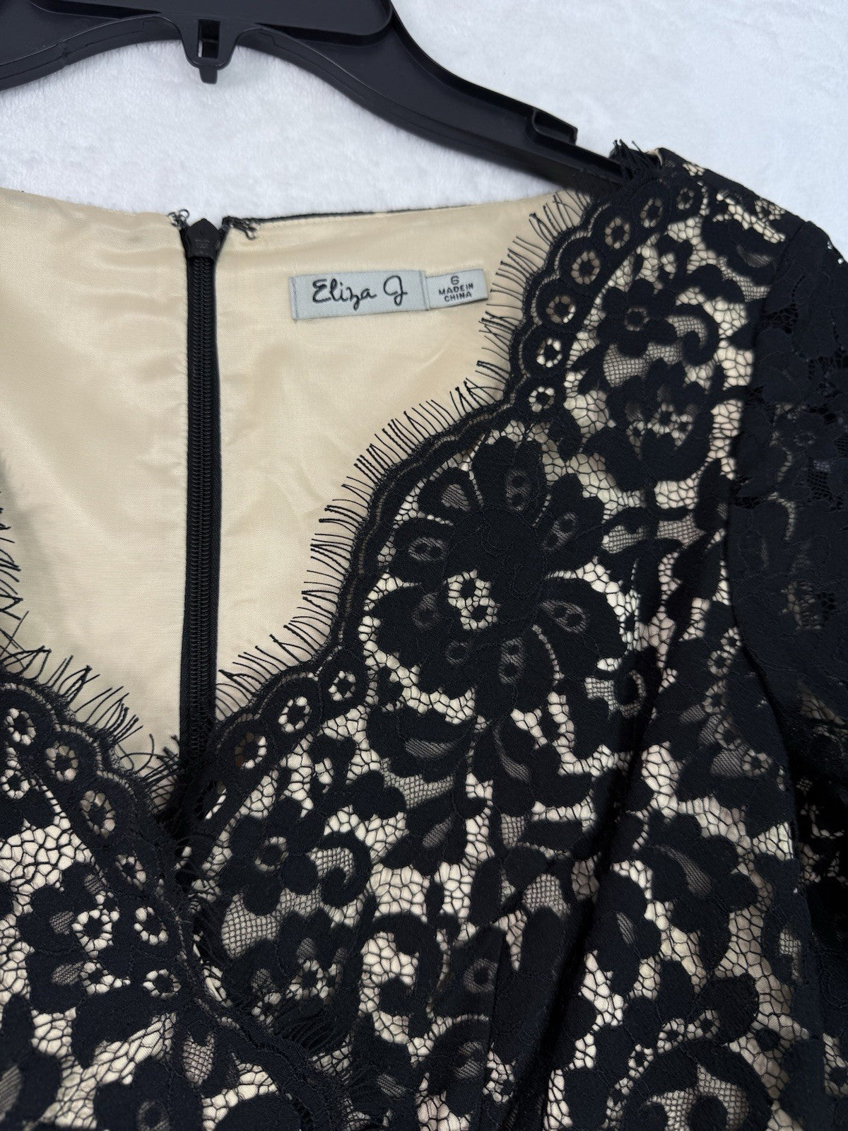 Eliza J Dress 6 Black Fit Flare Cocktail Above Knee Short Lace 3:4 Sleeve Womens