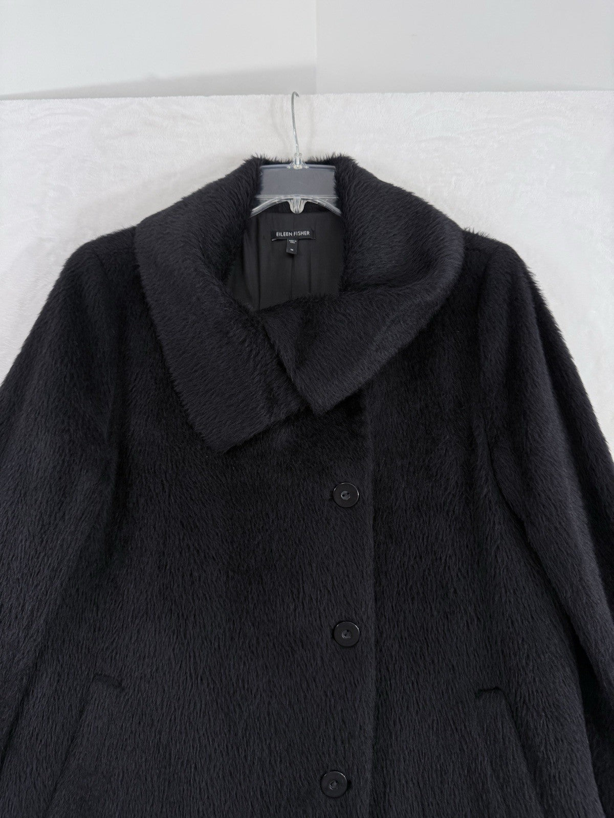 Eileen Fisher Medium Black Suri Alpaca High Collar Longline Long Coat Jacket