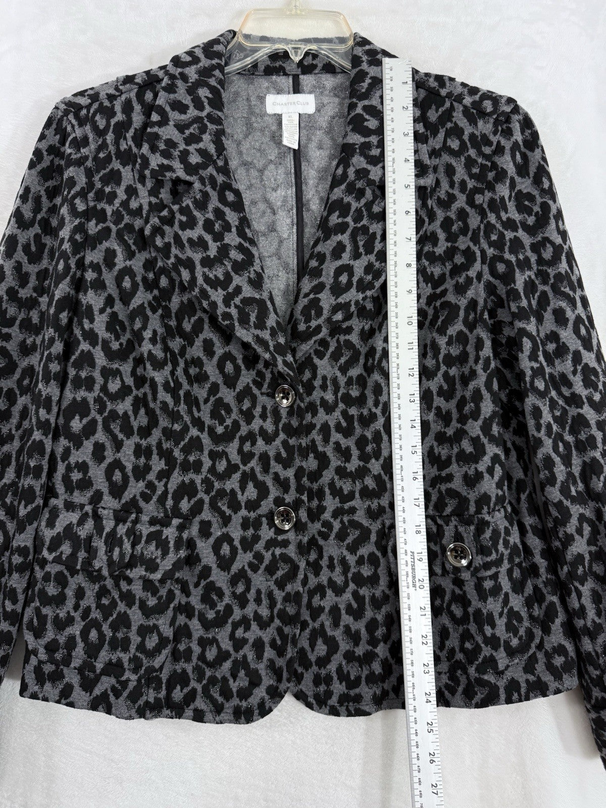 Charter Club Jacket XL Blazer Black Gray Animal Cheetah Print Knit Womens