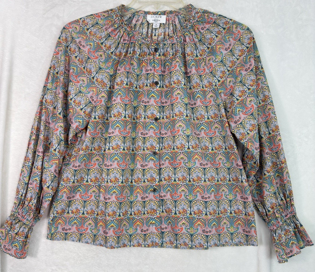 J Crew Liberty Of London Shirt Small Blouse Smocked Cotton Blue Pink Paisley