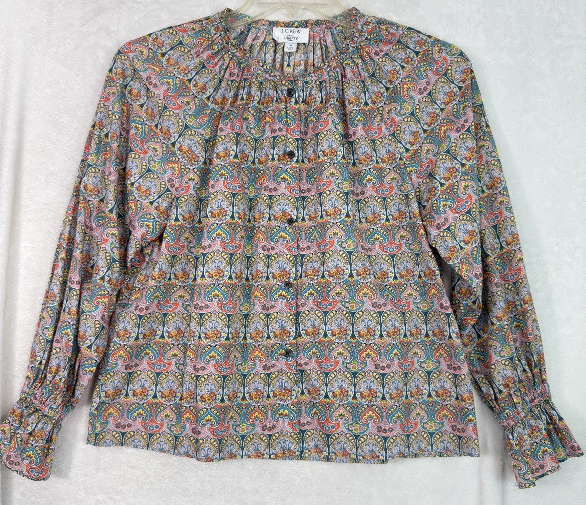 J Crew Liberty Of London Shirt Small Blouse Smocked Cotton Blue Pink Paisley