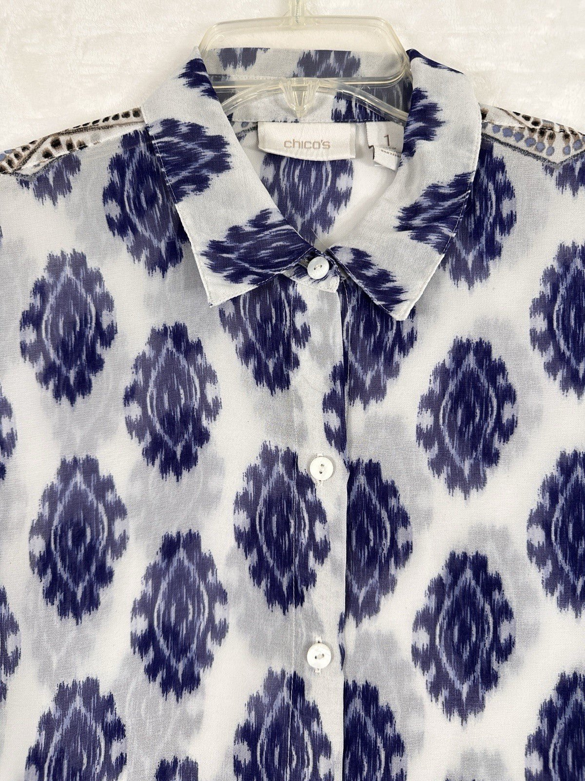 Chicos Size 1 Tops 3/4 Sleeve Tunic Blouse Medium Womens Lightweight Blue White