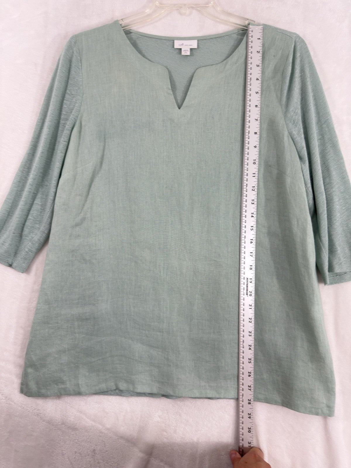 J Jill Love Linen Large Petite Top Tunic Blouse Light Green Knit Sleeves Womens