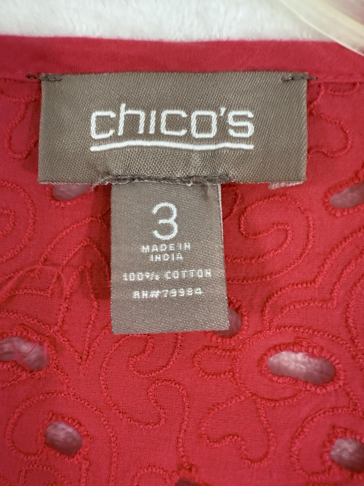 Chicos Size 3 Jacket Pink Eyelet 100% Cotton XL Womens 3/4 Sleeve Lightweight