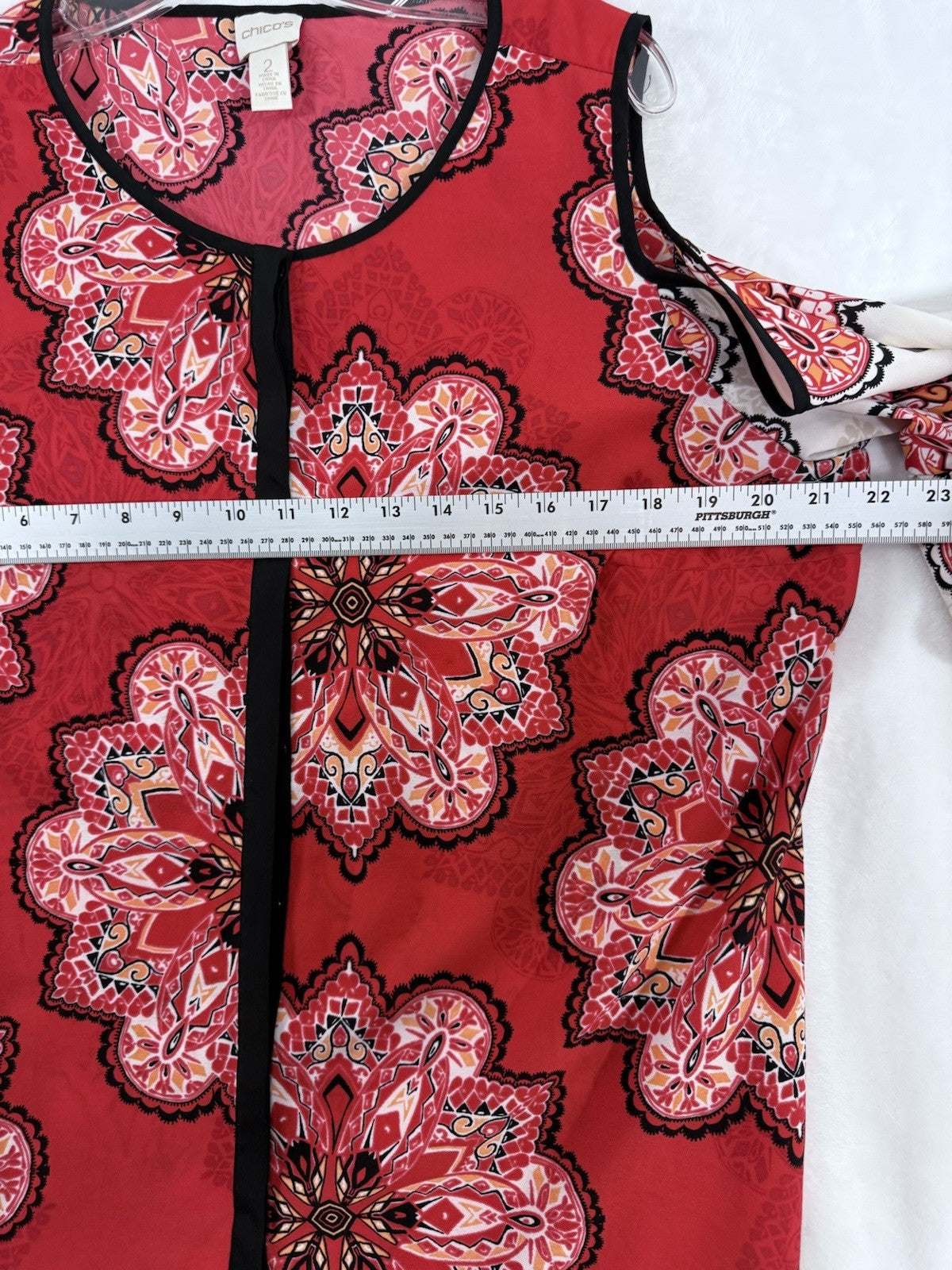 Chicos Size 2 Large Top Cold Shoulder Red Floral Print Blouse Womens