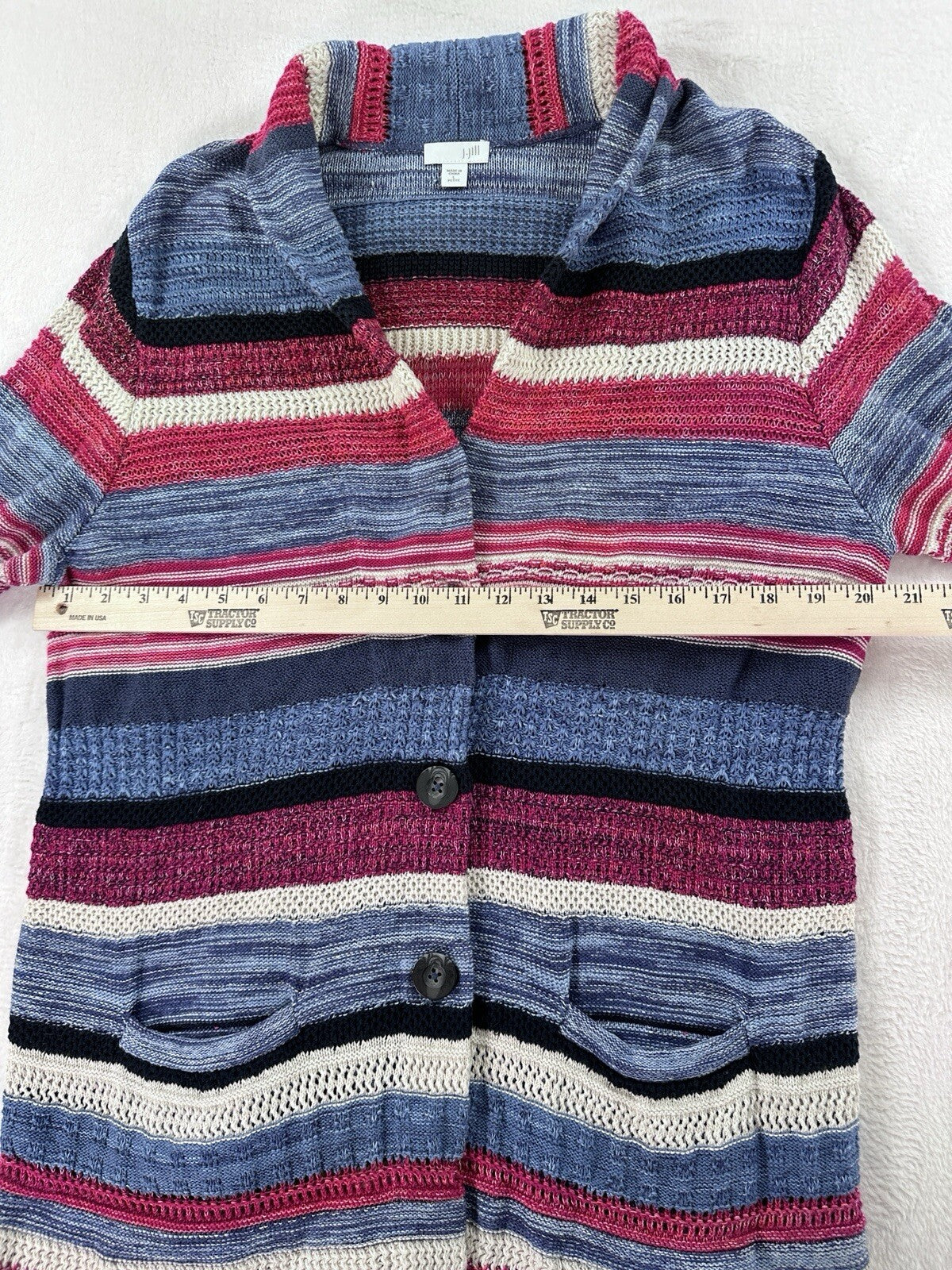J Jill Large Petite Open Knit Cardigan Sweater Long Blue Linen Cotton Buttons