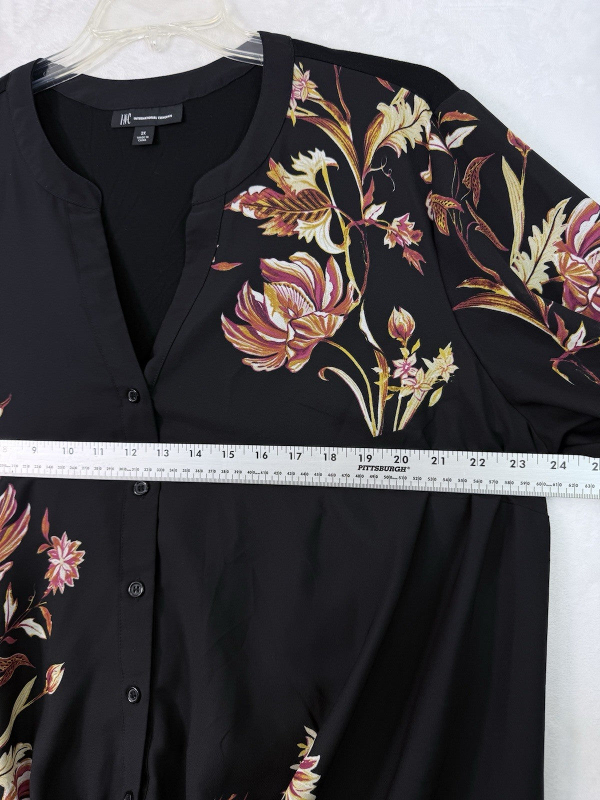INC International Concepts 2X Tops Long Sleeve Blouse Women's Floral Black Twist