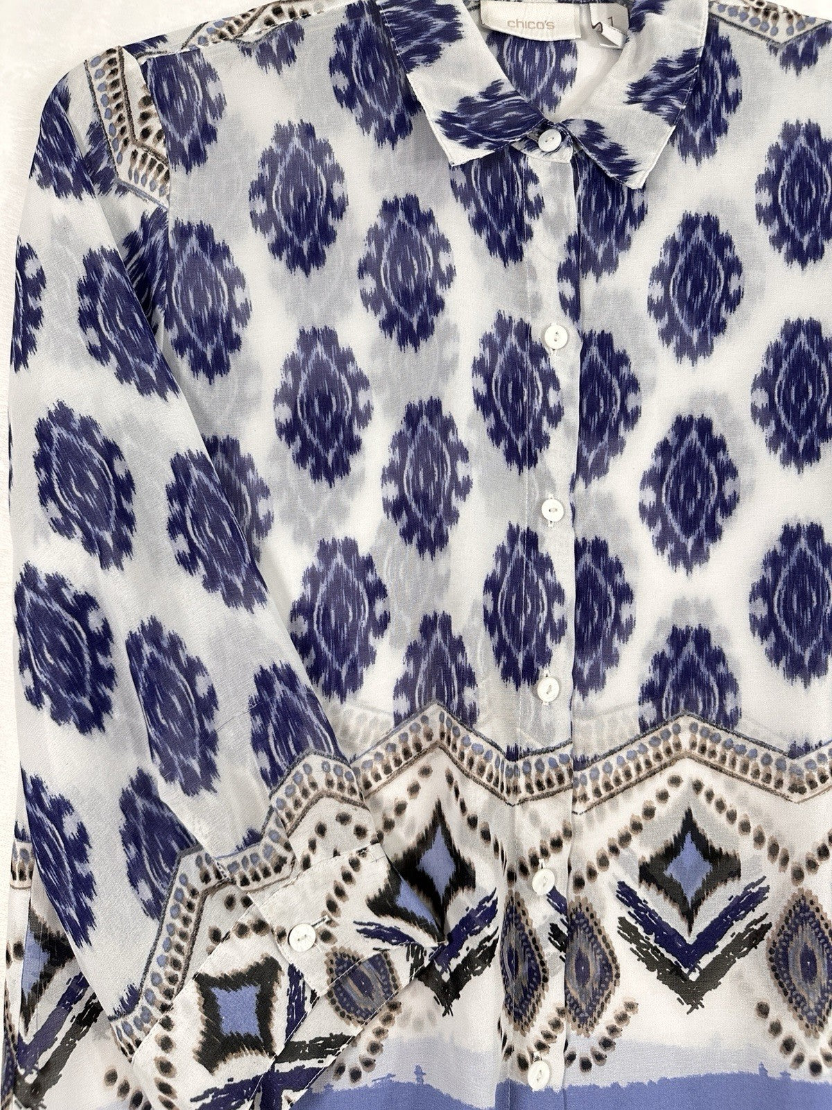 Chicos Size 1 Tops 3/4 Sleeve Tunic Blouse Medium Womens Lightweight Blue White