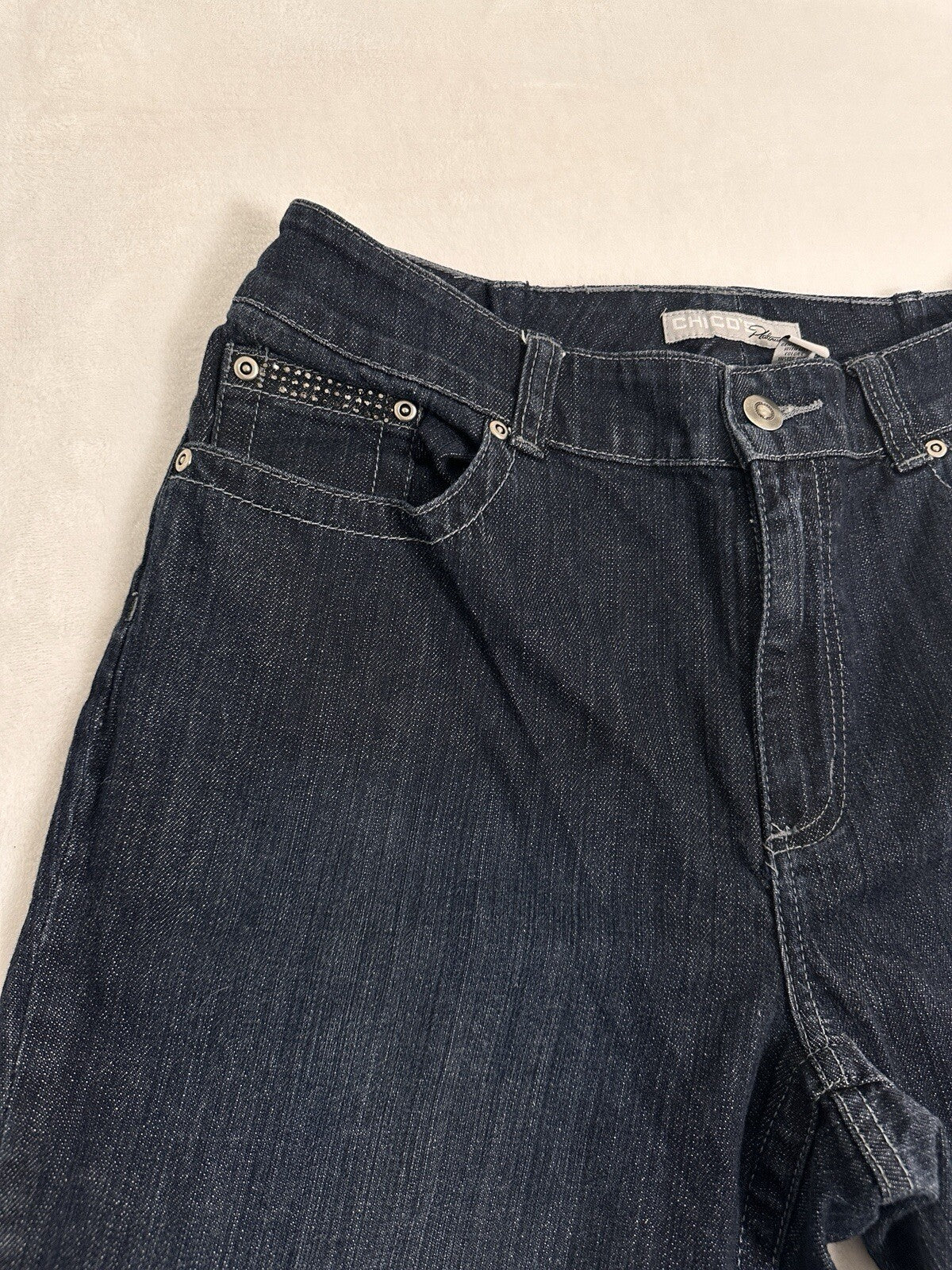 Chicos Size 2 Platinum Jeans Crop Dark Blue Rhinestones Embellished Womens 12
