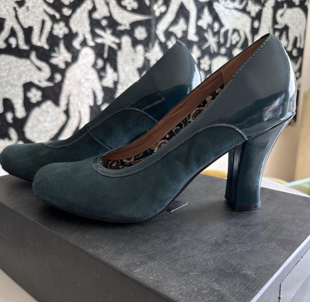 Hotter Shoes Womens US Size 9 Heels Green Suede Patent Leather Pumps UK 7