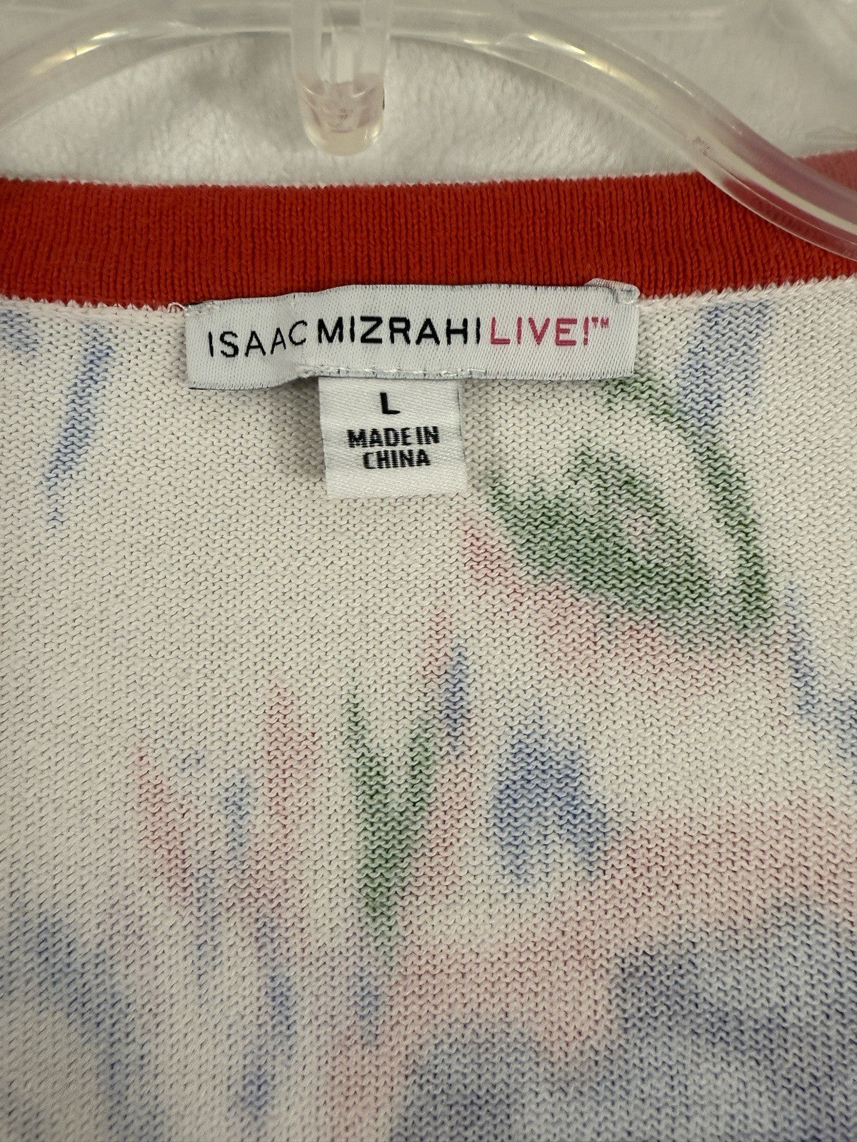 Isaac Mizrahi Cardigan Sweater Large Peony Floral Print Blue Red Top 3/4 Sleeve