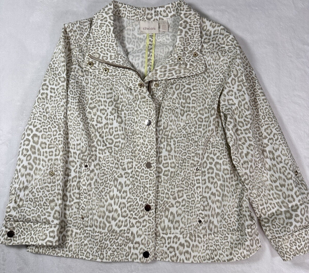 Chicos Luxe Twill Utility Jacket Size 1 US Medium Animal Print Full Zip Womens