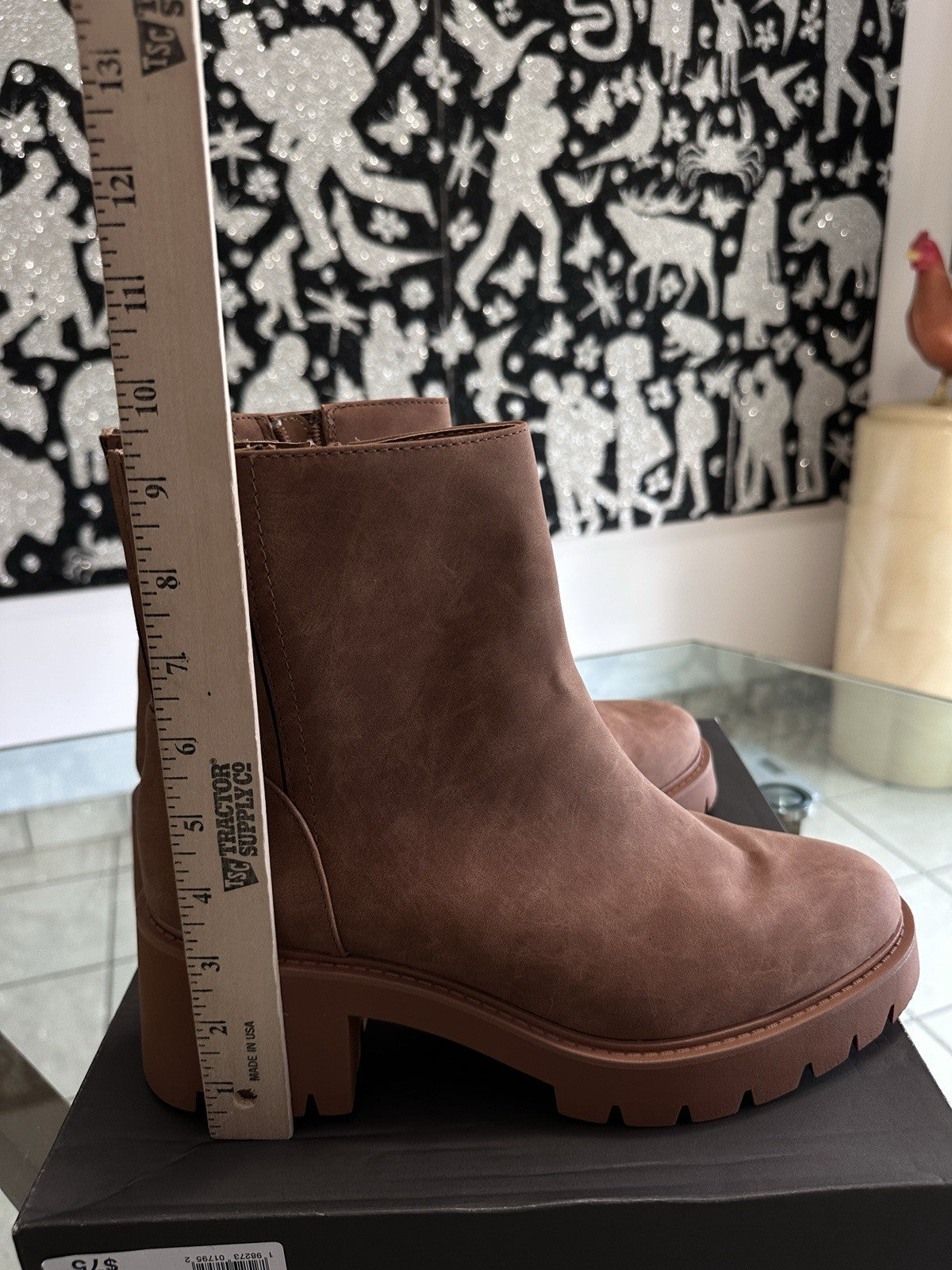 ANA Block Heel Booties 12 Womens Marie Cognac Brown Faux Suede Thick Sole Boots