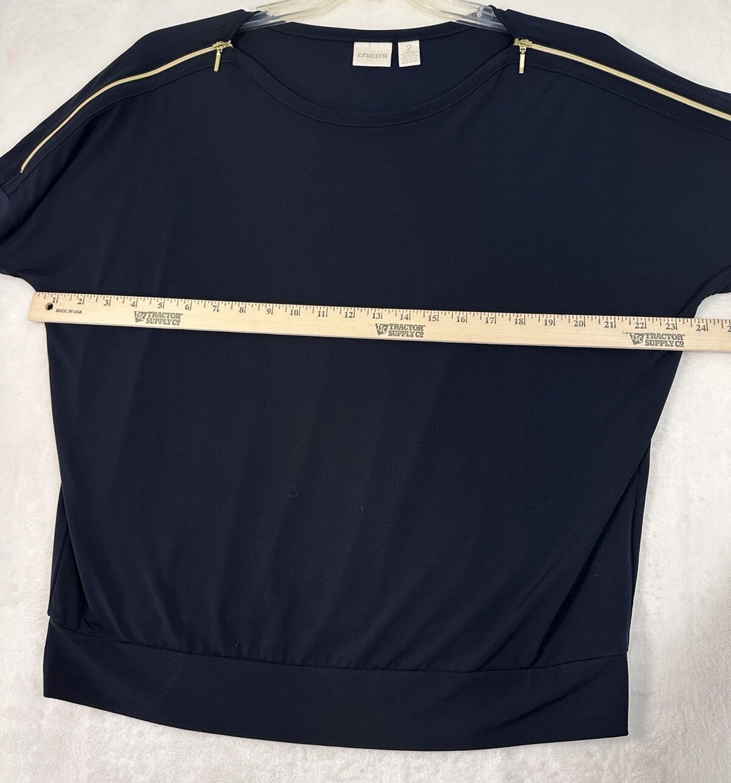 Chicos Size 2 Top Casual Navy Blue Pullover Large Short Sleeve Blouse Womens