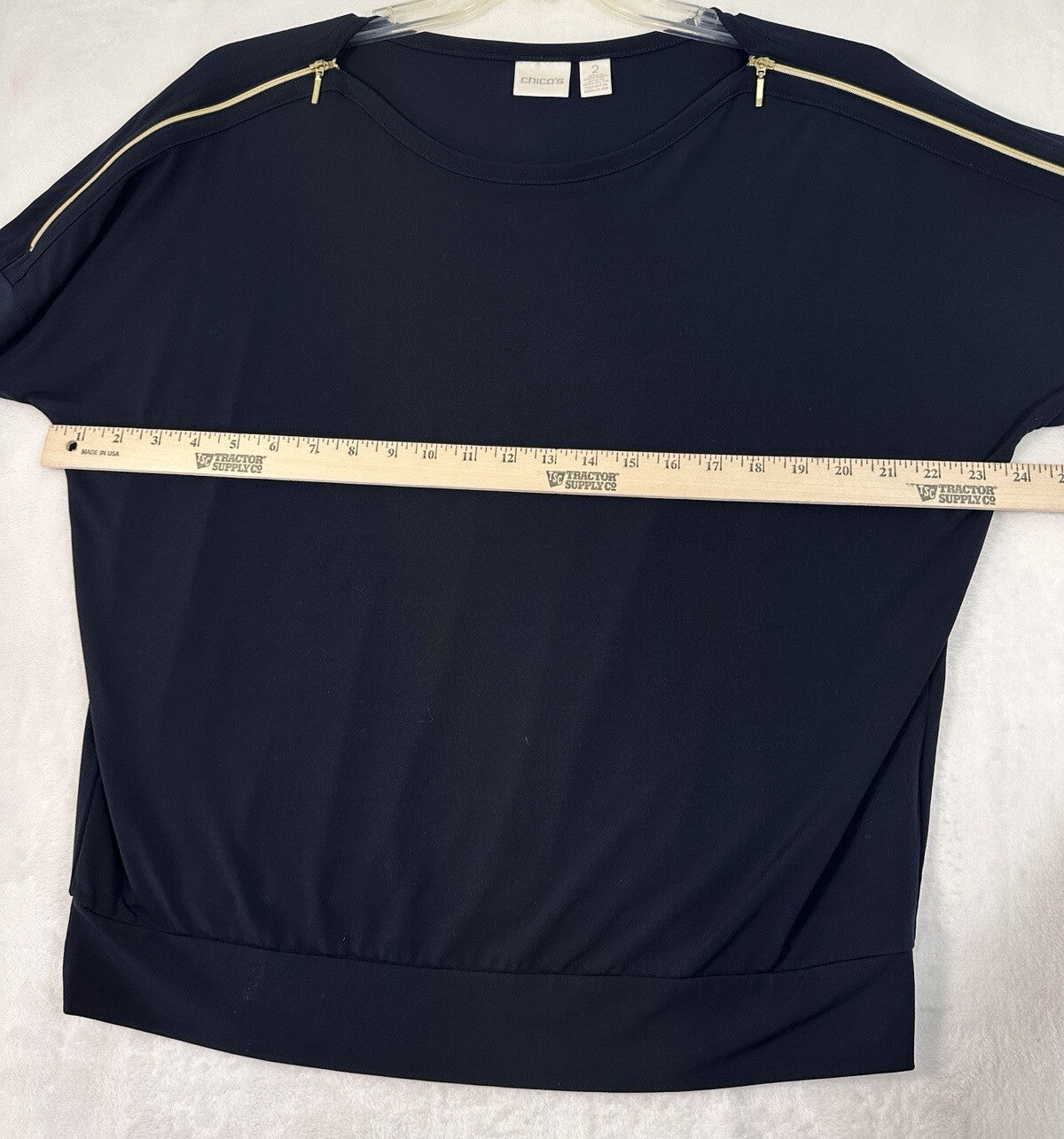 Chicos Size 2 Top Casual Navy Blue Pullover Large Short Sleeve Blouse Womens