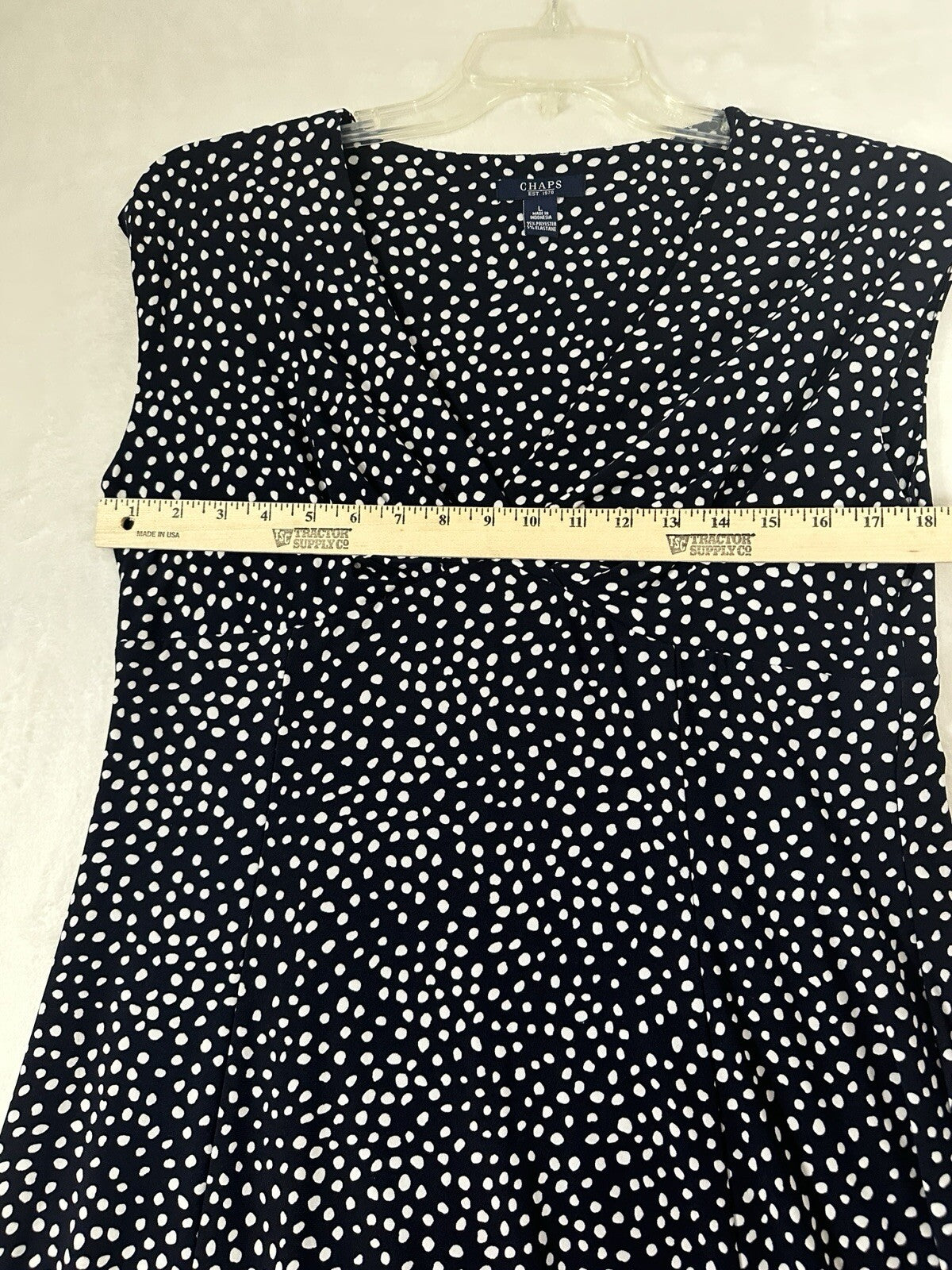 Chaps Ralph Lauren Large Dress Faux Wrap Navy Blue Polka Dot Sleeveless Womens