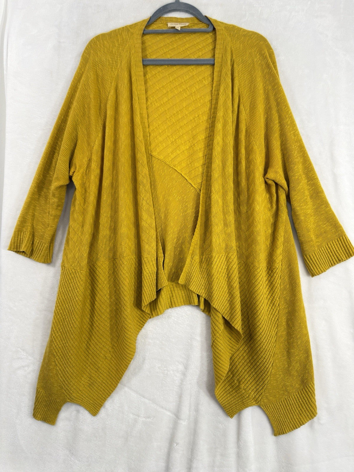 Eileen Fisher Cardigan Sweater Large Linen Cotton Slub Open Front Gold Womens