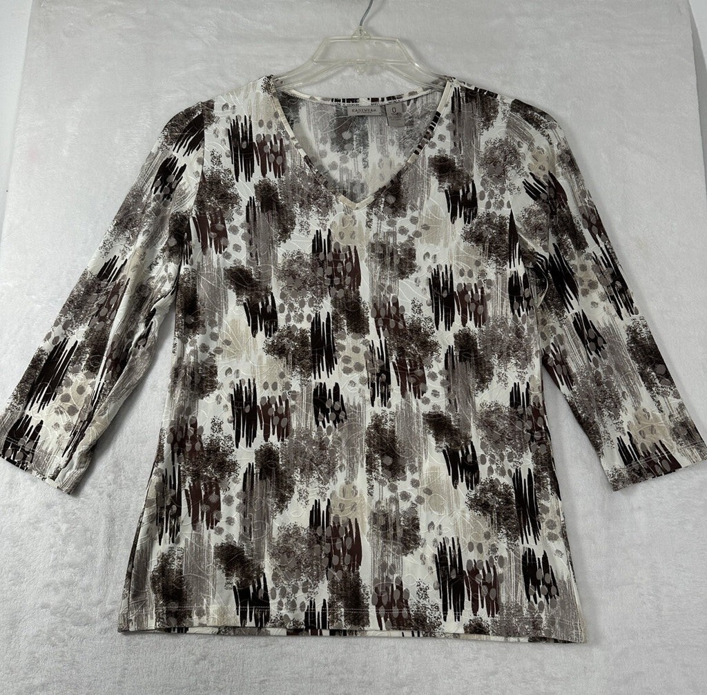 Chicos Easywear Top Size 0 Small 3/4 Sleeve V  Neck Brown Abstract Print Womens