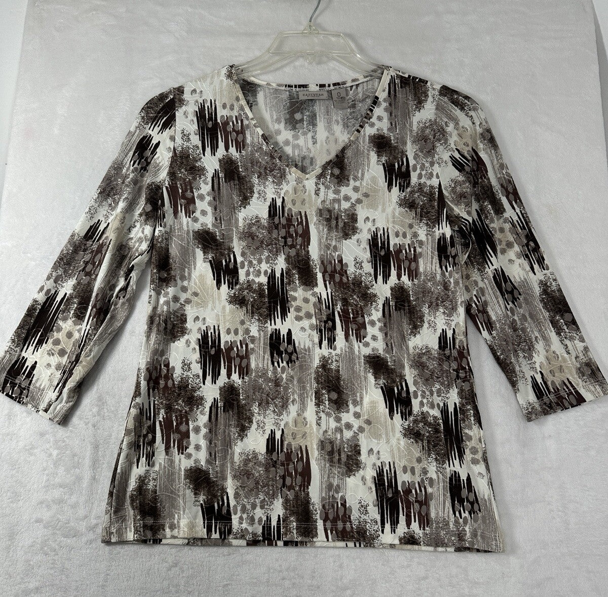 Chicos Easywear Top Size 0 Small 3/4 Sleeve V  Neck Brown Abstract Print Womens