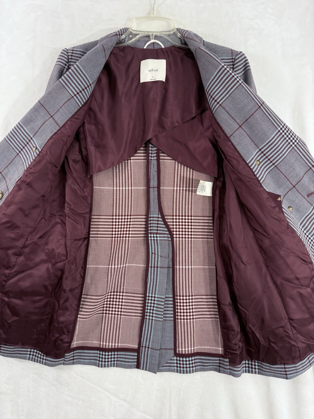 Aritzia Wilfred Blazer 6 Margaux Glen Plaid Jacket Gray Burgundy Double Breasted