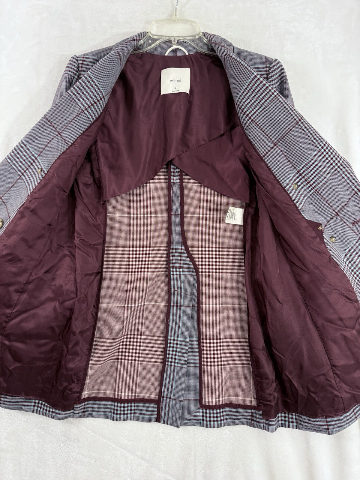 Aritzia Wilfred Blazer 6 Margaux Glen Plaid Jacket Gray Burgundy Double Breasted