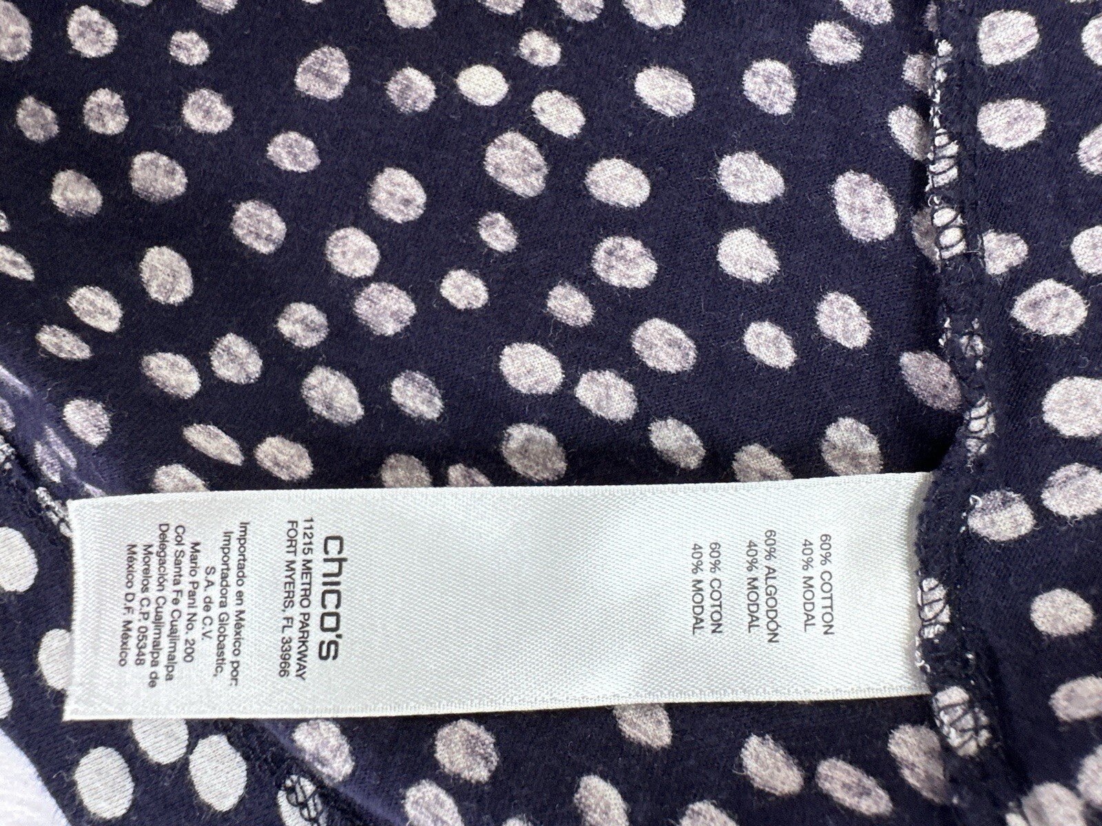 Chicos Size 0 Top Long Sleeve Blue White Polka Dots Womens Knit Modal Cotton