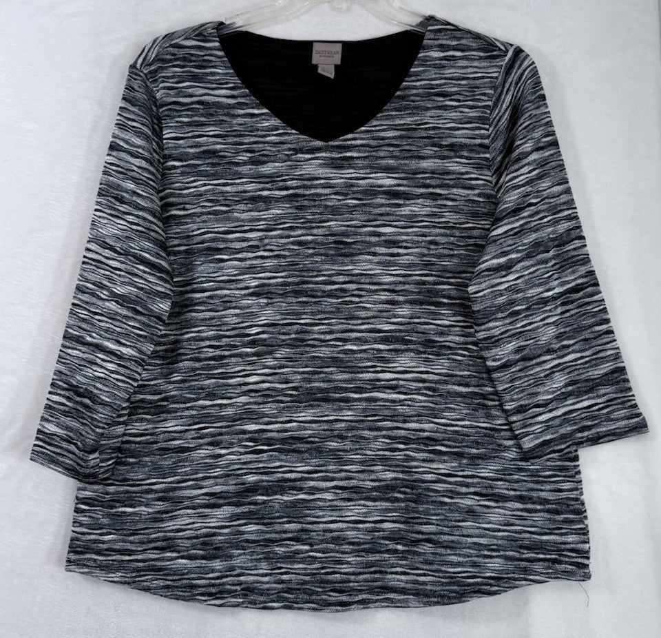 Chicos EasyWear 3 Blouse Top XL Black Gray 3/4 Sleeve V Neck Womens