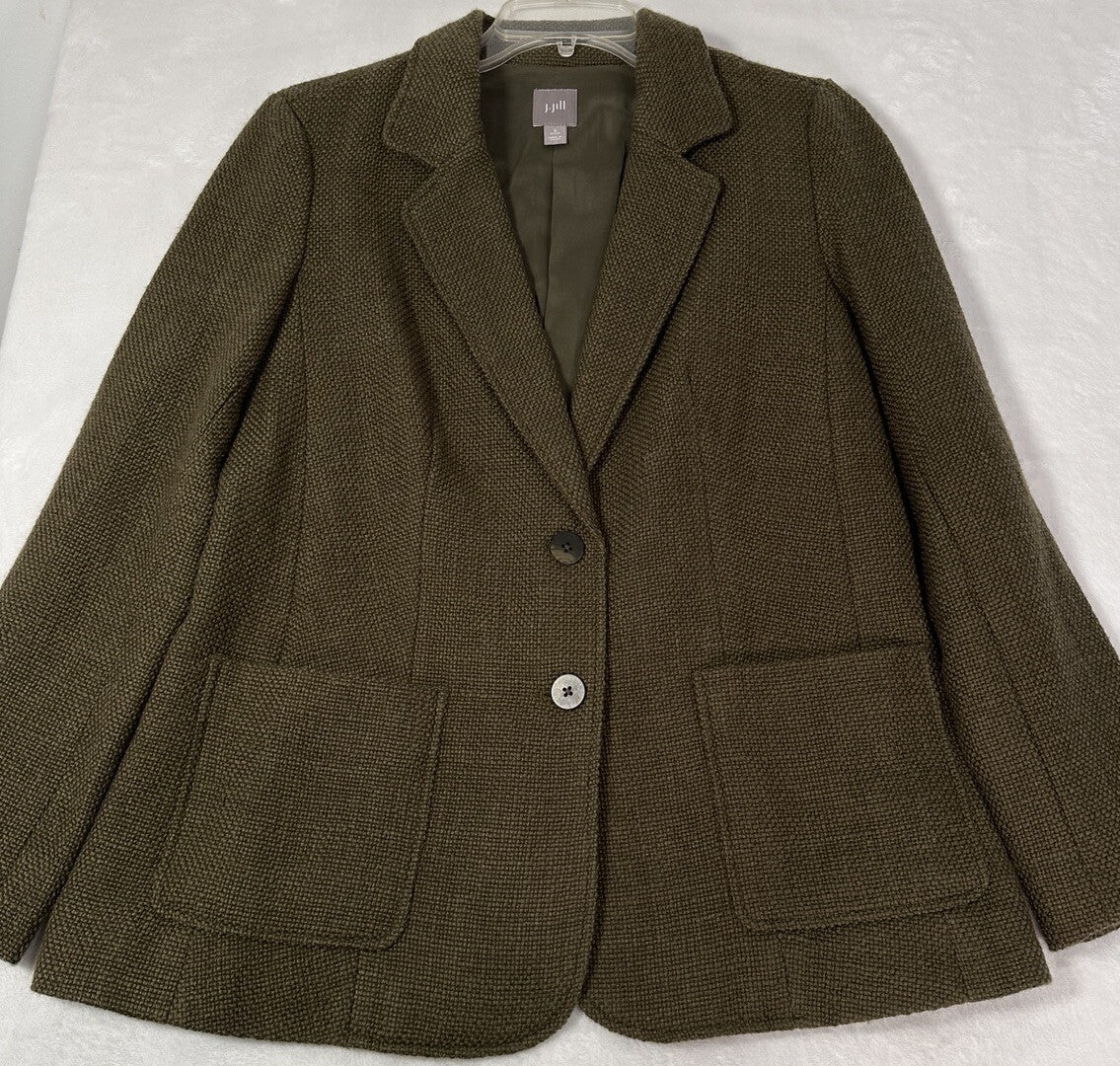 J Jill Small Petite Blazer Wool Blend Tweed Jacket Green Neutral Womens 2 Button