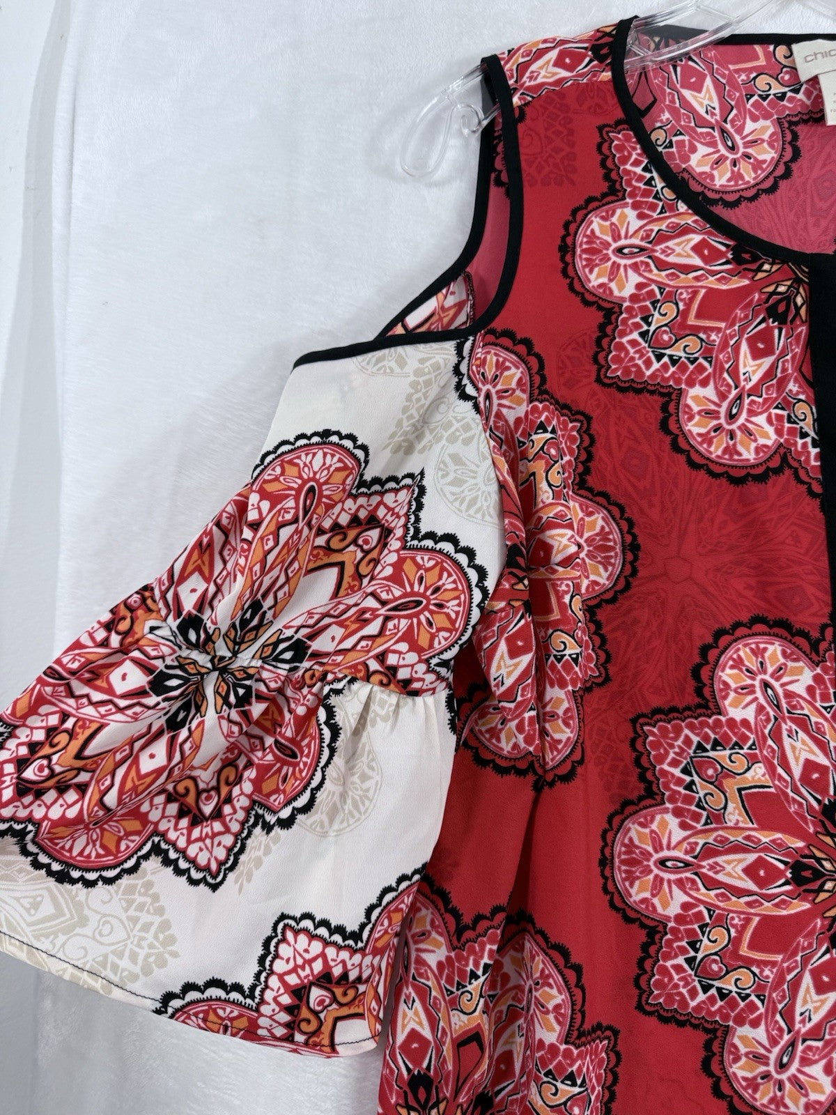 Chicos Size 2 Large Top Cold Shoulder Red Floral Print Blouse Womens