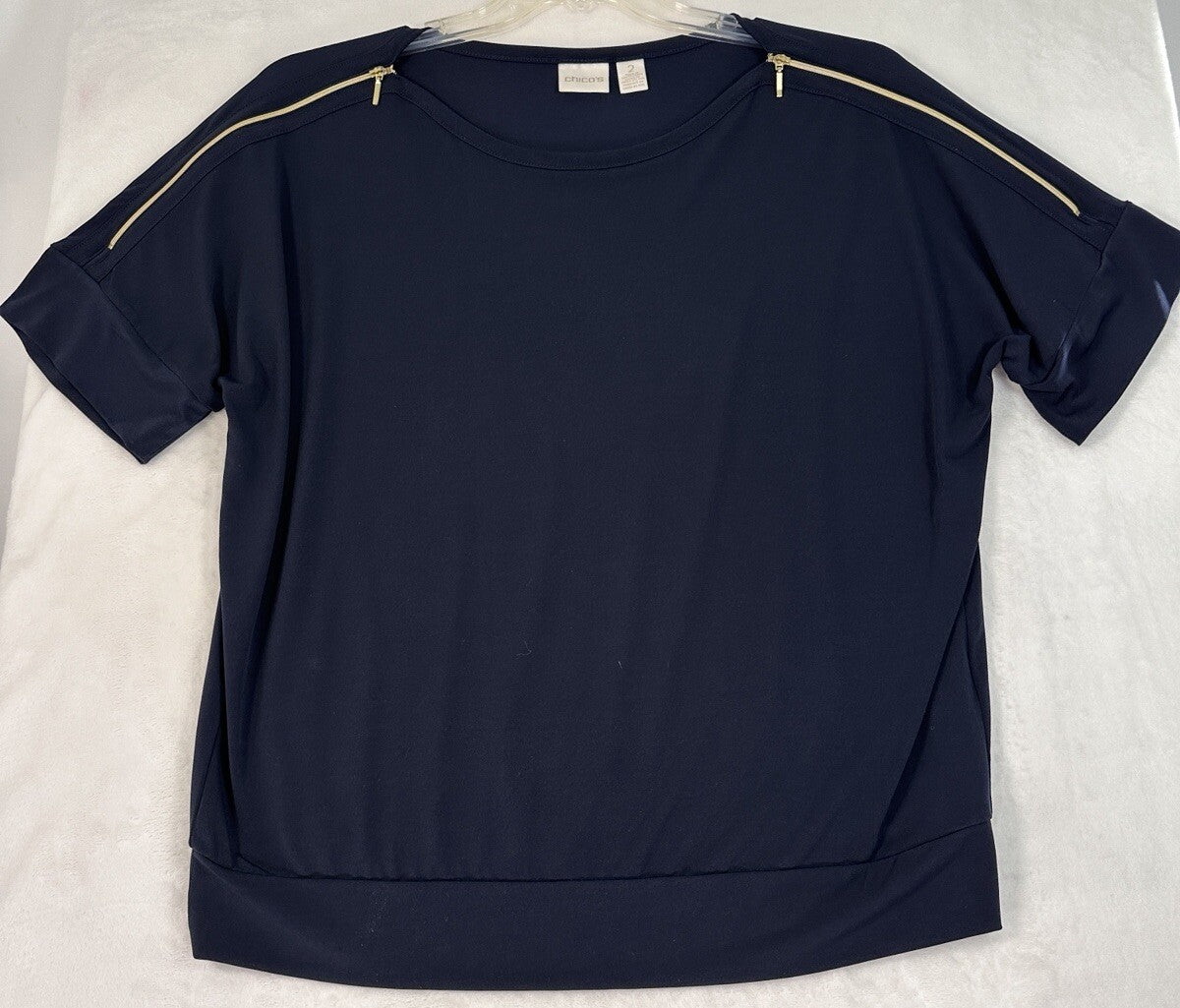 Chicos Size 2 Top Casual Navy Blue Pullover Large Short Sleeve Blouse Womens