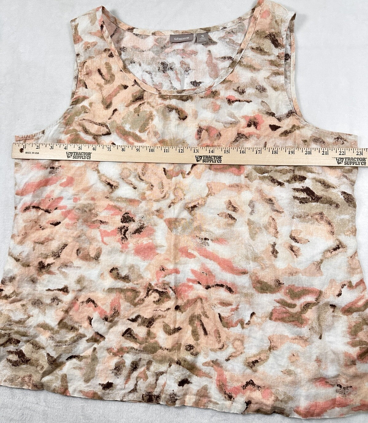 Chicos Size 3 XL Top 100% Linen Sleeveless Pink Tan Abstract Print Womens Blouse